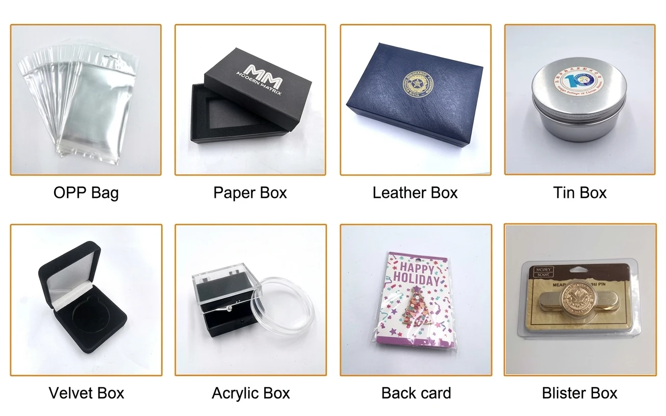 Custom enamel pin packaging with printed backing card and velvet hinged gift box